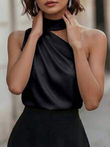 1件女士夏季纯色缎面不对称荷叶边优雅时尚无袖衬衫，适合夏季、休闲、办公、生日派对、正式场合，黑色 - 黑色 - 查看 3