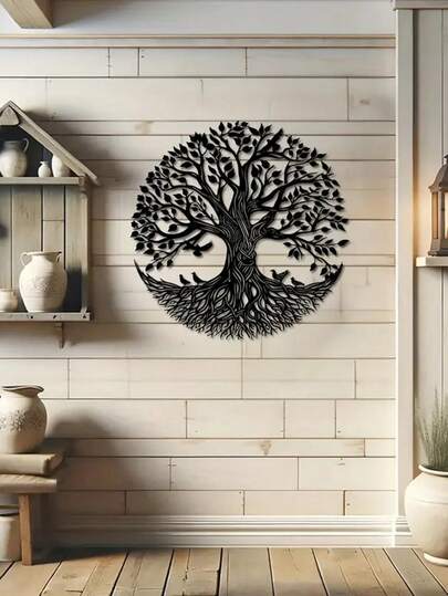 1 pièce Sculpture murale en métal de l'Arbre de Vie dans le style Art Déco - Enseigne en métal découpé élégante, œuvre d'art créative, décoration murale moderne, ornement suspendu unique, cadeau de pendaison de crémaillère parfait, 40 cm de diamètre