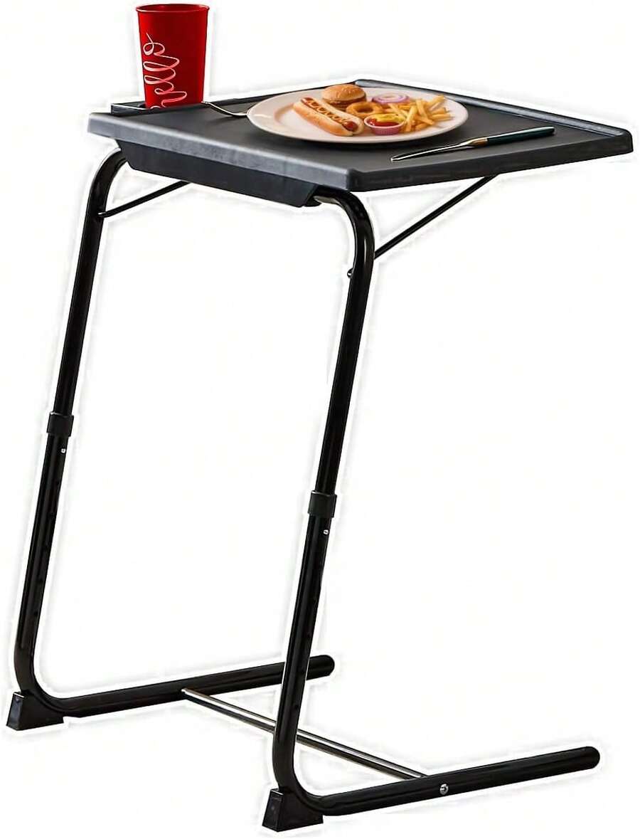 Rubypin Multifunctional TV Tray Table – Adjustable Dinner Folding Table For Bed & Sofa With Cup Holder, 6 Height Settings & 3 Tilt Angles (Black)