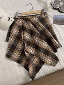 美式复古不规则格子拼接遮臀半身裙 女式时尚百搭提臀迷你裙 适合Y2K街头服饰 - 彩色 - 查看 9