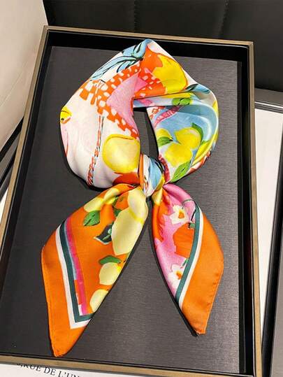 1pc Retro Fashionable Fruit Lemon Patchwork Print Satin Scarf, Multifunctional Ladies' Faux Silk Scarf Shawl, Suitable For Travel, Vacation, Casual Occasions, Can Be Used As Headscarf, Daily Neckerchief, Fashion Handbag Decoration, Also A Great Gift For Mothers And Elders