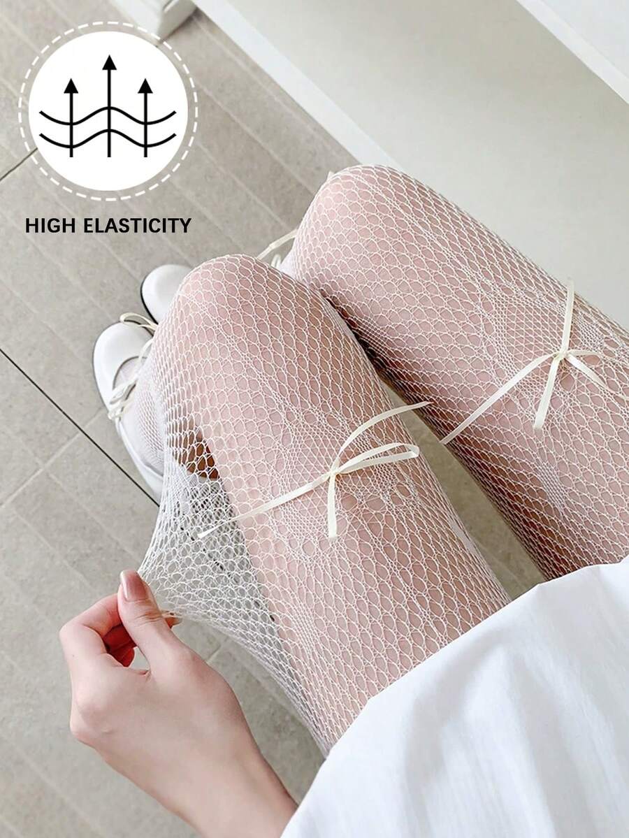 洛丽塔风格透明蝴蝶结连裤袜，防勾丝黑色长筒袜，性感白色紧身裤 - 彩色 - 查看 1