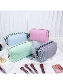 泡泡纱化妆包，印花带提手，大容量洗漱包，条纹刺绣，旅行收纳包 - 彩色 - 查看 1
