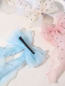 1pc Girls' Sweet Polka Dot Mesh Bow Ribbon Hair Clip, Versatile Daily Wear - Multicolor - View 4