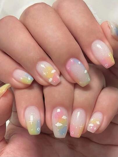 24pcs Nude Color Square Short Glossy Nail Stickers With Rainbow Tie Dye Cloud Pattern Design For Women