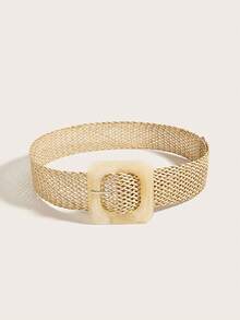 2条装新款复古树脂方扣宽编织腰带，波西米亚风格，适合度假和日常穿着，束腰带 - 米色 - 查看 2