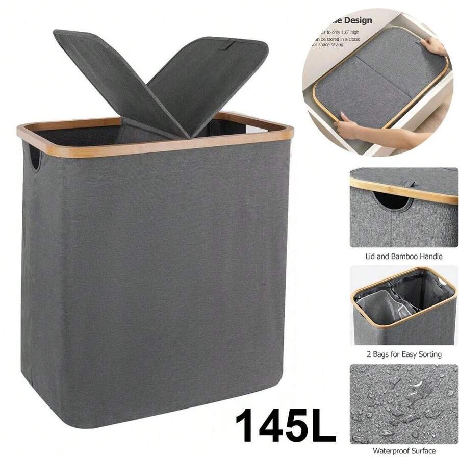145L Large Laundry Basket Bin Bag Foldable Hamper 2 Compartment Double Sided Lid - View 1