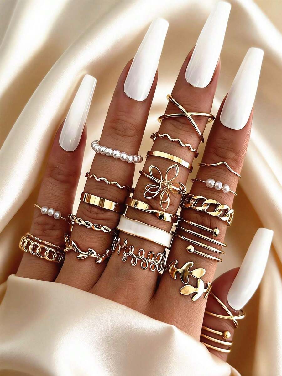 22 Pieces Fashion Butterfly Rhinestone Inlaid Ring Mixed Pearl Ring Women Geometric Chain Joint Ring Set, Flowers, Leaves, Faux Pearls, Suitable For Women, Daily, Beach, Summer, Wear, Valentine's Day, Mother's Day, Easter, Gift, Gold Ring Women's Jewelry Set - Gold - View 1
