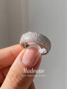 MADEONE 1枚925纯银时尚全锆石镶嵌戒指，女士日常通勤装饰戒指，派对配饰，高品质女士戒指，精致珠宝礼品 - 銀色 - 查看 2