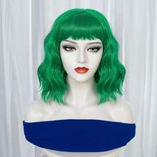 绿色波浪卷波波头假发，带蓬松刘海 - 耐热，圣帕特里克节假发 - 14英寸，薄荷绿 - 彩色 - 查看 4