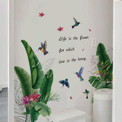 mama look 1 pieza, Multisize, Pegatina de pared autoadhesiva y removible de estilo fresco, Decoración de primavera/verano, Plantas verdes, Suculentas, Estante de madera, Hojas tropicales y pájaros, Plantas en maceta para cocina, Adecuado para dormitorio, sala de estar, estudio, comedor, baño, decoración de pared del hogar