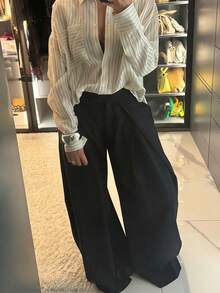 女士阔腿裤 高腰宽松长裤 春夏商务休闲办公装 黑色褶皱优雅外出商务职业女士长裤 - 黑色 - 查看 6