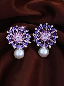 1 par de pendientes de gota con flor geométrica y perla, chapados en plata con circonita cúbica morada y rosa, joyería de CZ para boda, compromiso, baile de graduación, disfraz, accesorios para novias, damas de honor, uso diario - Morado - Ver 6