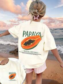 Tween Girls' Casual Graphic Print Crew Neck Short Sleeve T-Shirt, Summer Top - Apricot - View 3