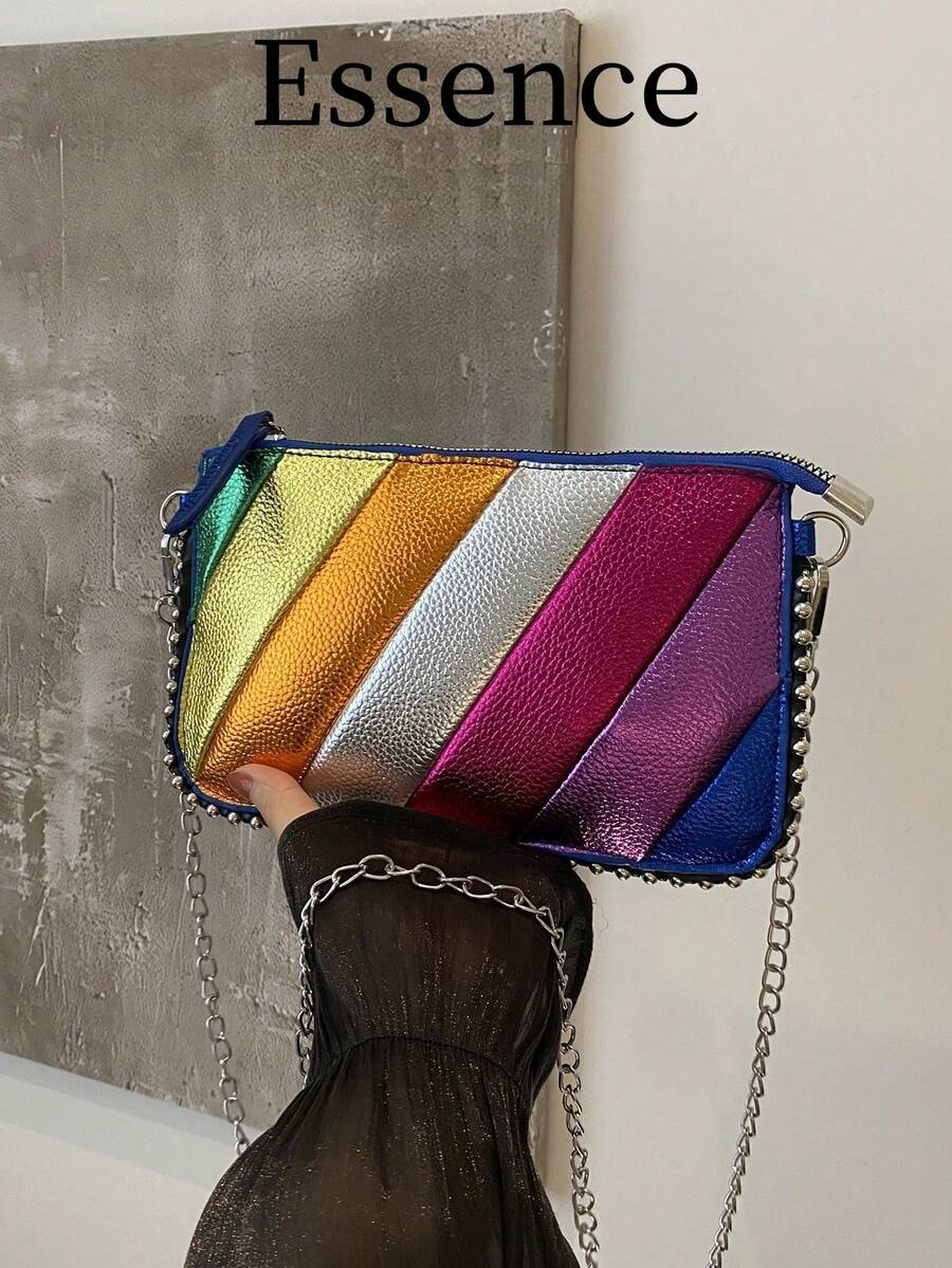 1 件多色信封式 PU 拼接链条斜挎包，适合女士 - 彩色 - 查看 1