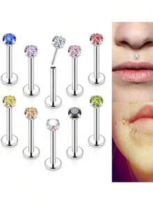 10个装 20G 18G 16G 推入式唇环 不锈钢唇钉饰品 唇环 指甲软骨耳骨耳环 耳钉 鼻环 穿刺饰品 男女通用 3mm CZ - 彩色 - 查看 9
