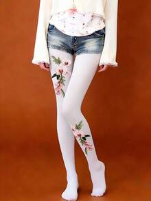 1 Pair Thick White Patterned Warm Tights, Suitable For Weddings - Multicolor - View 6