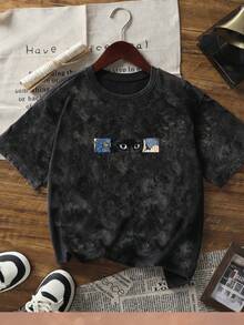 夏季新款休闲花卉黑猫印花圆领扎染短袖T恤，时尚百搭女式上衣 - 黑色 - 查看 5