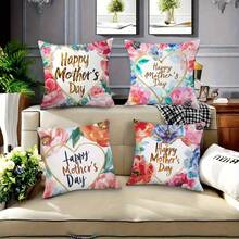 4pcs Mother's Day Pillow Cover Set, Floral And Heart Pattern Design, Mom's Birthday Gift Pillowcase, Home Living Room Sofa Decor, Polyester Fabric Zipper Closure Single-Sided Printing, Machine Washable, Pillow Insert Not Included, 45*45cm - Multicolor - View 4