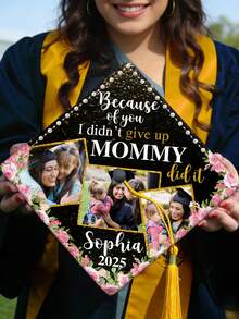 Customized Graduation Cap Topper For Mom, Black & Gold Floral Theme Graduation Cap Decor, Customizable With Name, Quote, Photo, Year, Pearl Style, Easy To Attach, Graduation Gift For Mom, Student - Multicolor - View 2