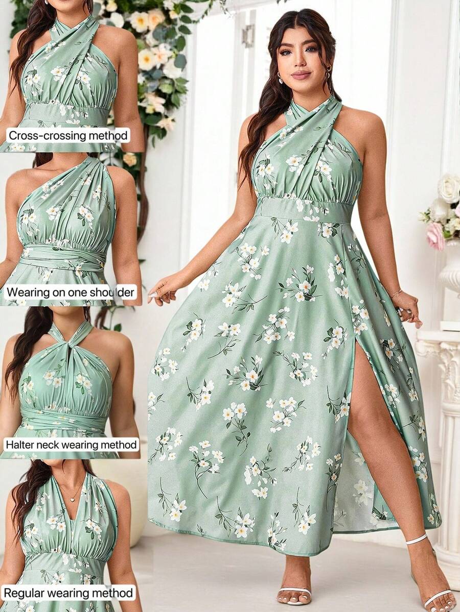 Plus Size Floral Print High Slit Criss-Cross Backless Dress Elegant Party Summer - Green - View 1