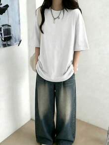 2pcs/Set Women's Casual Loose Round Neck Short Sleeve T-Shirt, Versatile Solid Color, Spring Summer - Black + White - View 6