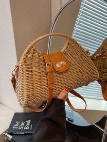 Túi rơm mùa hè, túi xách tay đan thủ công, túi du lịch dành cho nữ với dây đeo vai có thể điều chỉnh. - Màu Khaki - Xem 8