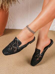 2026 New Vacation Style Lace Mesh Breathable Backless Comfortable Fashion Versatile Hollow Design Square Toe Women Flat Mule Shoes, Holiday Gift - Black - View 4