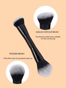 2pcs Dual-Ended Makeup Brushes, Pink Base Brush & Black Base White Bristle Contour Brush, Powder Brush Beauty Tools - Black - View 5