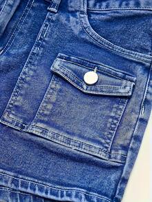 [Stretch Denim Shorts] 1pc Women's Stretch Denim Shorts - Multiple Cargo Pockets & Built-In Zipper, Mid-Stretch Machine-Washable, Casual Athletic Shorts For Spring/Summer, Solid Color Regular Fit, Elegant Design, Gym Shorts, Casual Attire, Durable Fabric, Spring Fashion, MidStretch Material, Fitness Enthusiasts - 寶藍色 - 查看 6