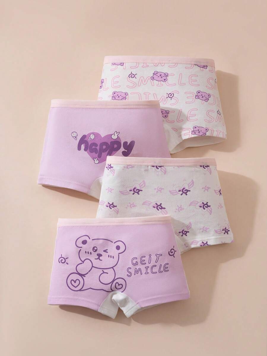 Bộ 4 quần lót boxer in hình gấu hoạt hình cho bé gái, bộ đồ lót trẻ em. - Nhiều màu - Xem 1