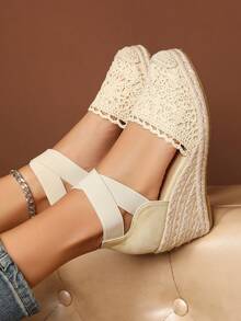 Women's Criss-Cross Elastic Mesh Floral Velvet Linen Rope Casual Wedge Shoes - Beige - View 3