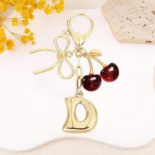 Bow & Cherry Decor Bubble Letter Keychain - Gold Letter Charm Bag Accessory, Cute Handbag Decoration - Red - View 12