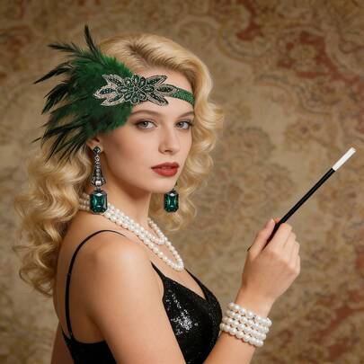 7pcs 1920s Women's Elegant Sexy Accessories Set, Retro High-End Accessories For Single Party, Masquerade Ball, Feather Headband, Bracelet, Earrings, Necklace, Cigarette Holder, Hand Decor