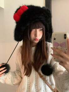 1pc Ladies' Cute Ear Design Ear Warmer Hat Made Of Polyester Fiber, Students Witch Winter Fall Valentine's Day Valentines - Black - View 7