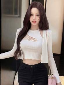 2件套 女士春夏新款针织开衫，露背背心，韩版柔软短款两件套 - 乳白色 - 查看 4