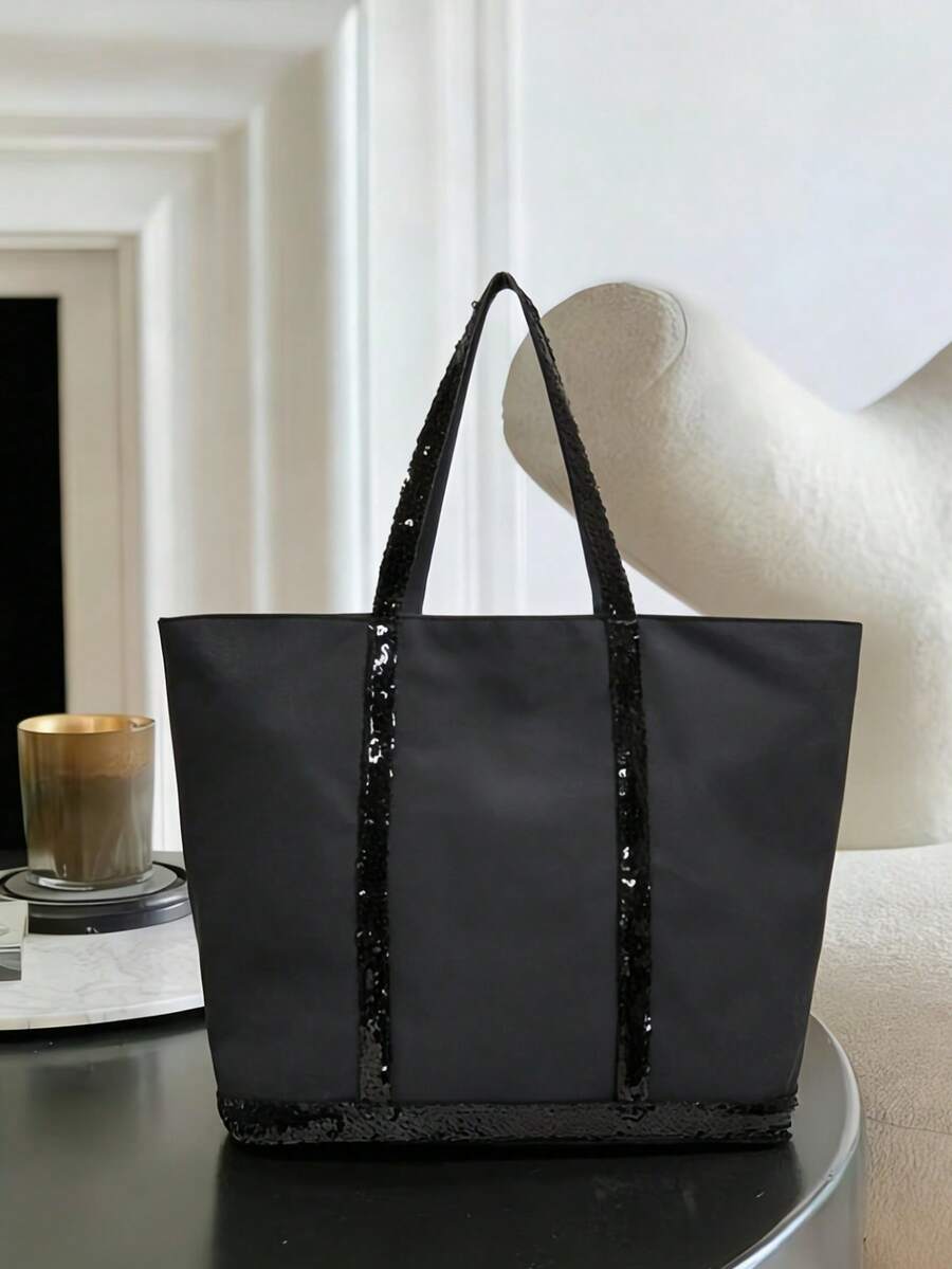 New Sequin Fashion Large Capacity Handbag, Customizable, Retro Shoulder Crossbody Bag, Suitable For Daily Commute, Student, Work, Shopping, Outdoor, Exquisite And Stylish, Canvas Bag - Black - View 1