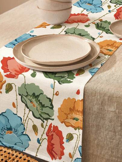 1pc Elegant Watercolor Floral Pattern Linen Table Runner, Suitable For Holidays, Parties, Birthdays, Dinners, Kitchen & Dining Room Decor, Dresser/Cabinet Cover, All-Season Home Textile Decor