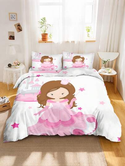 Bộ ga trải giường công chúa dễ thương 2/3 món cho bé gái, họa tiết lâu đài và ngôi sao màu hồng, kèm vỏ chăn và vỏ gối, chất liệu microfiber mềm mại, thích hợp trang trí phòng ngủ cho bé gái (cỡ Twin/Full/Queen) 135x200cm