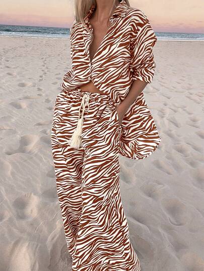 Women's Fashionable Multi-Color Vintage 2-Piece Set, Oversized Pants Design, Stylish Drawstring Loose Turndown Collar Shirt + High Waist Wide Leg Pants, Suitable For Beach, Party, Date, Photo Shoot, Music Festival