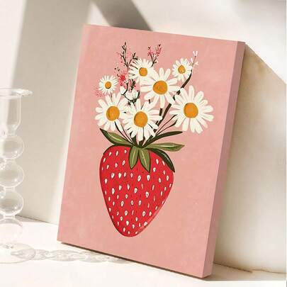 1 Piece Strawberry And Daisy Illustration Canvas Print - Vintage Cartoon Wall Art, Frameless, Waterproof, Modern Decor For Living Room, Bedroom, Office Or Dining Area, Perfect Gift, Strawberry Decor