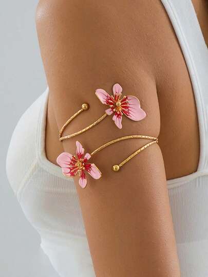 A Bohemian Flower Enamel Drip Flower Bracelet With Women's Open Armband, Versatile Party Armband, Party Beach Vacation Jewelry