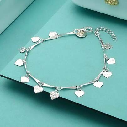 精美925镀银心形爱情手链，女士情侣婚礼派对时尚魅力饰品