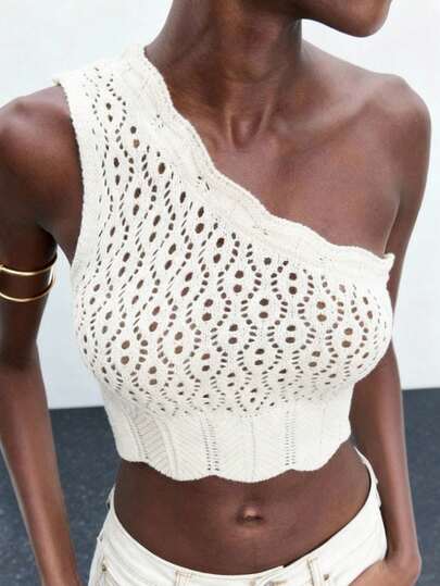 女士针织无袖纯色圆领露脐背心，荷叶边装饰，休闲时尚春夏款