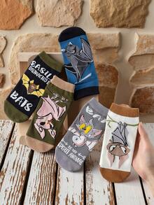 5 Pairs Women's Cartoon Pattern Ankle Socks, Thin Summer Bat Design Boat Socks, Suitable For Daily Wear - Multicolor - View 1