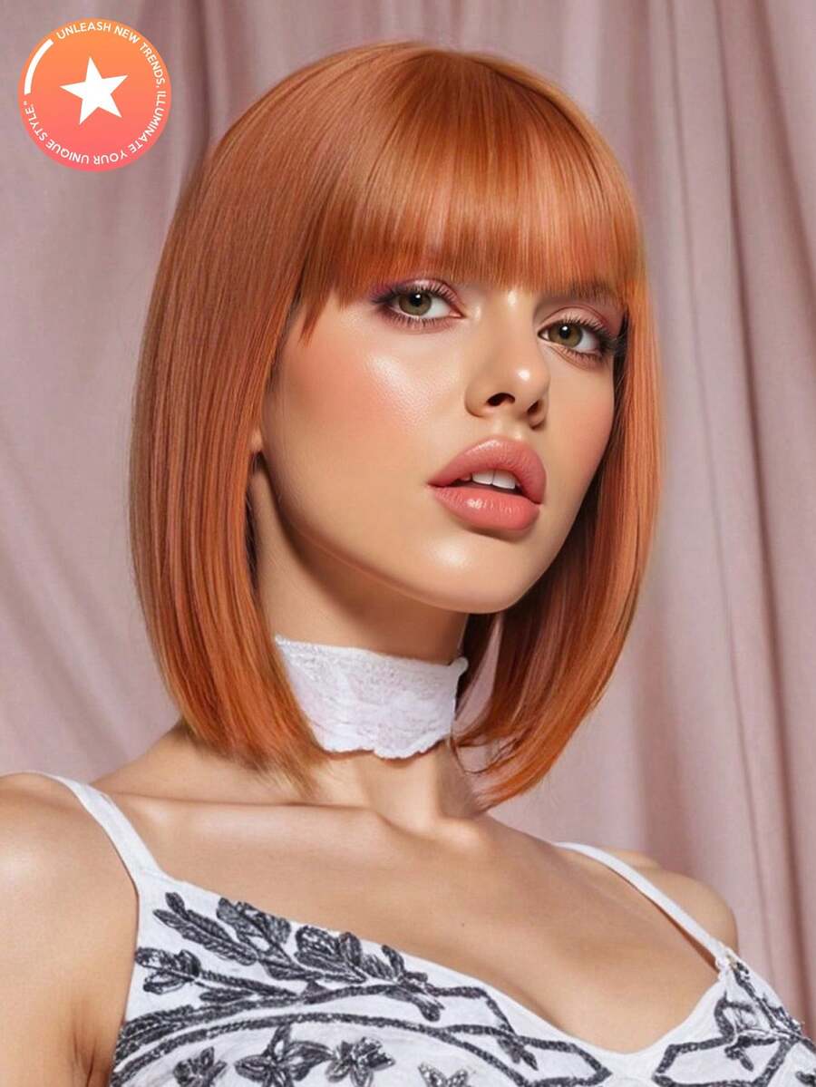 Elegant Orange Women's Stright Wig With Short Bangs High Temperature Fiber Rose Net Cap Versatile Styling - Suitable For Cosplay, Parties, And Music Festivals - 臟橘色 - 查看 1