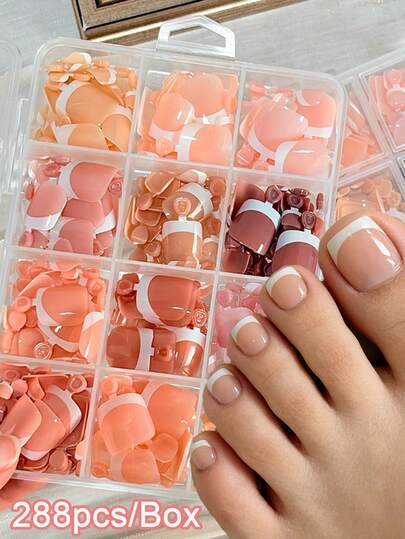288pcs/Box 12 Mixed Square Shape Toenails White Edge Feet Artificial Glossy Finish Full Cover Acrylic False Toe Nails Fit Perfectly & Short Design Extension Tips