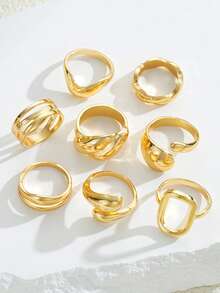 Set de 8 anillos de moda con estilo vintage de moneda, anillos de metal elegantes con nudos geométricos, ondulados, huecos, minimalistas y gruesos, adecuados para vacaciones, fiestas, uso diario y como regalo - Amarillo Oro - Ver 4