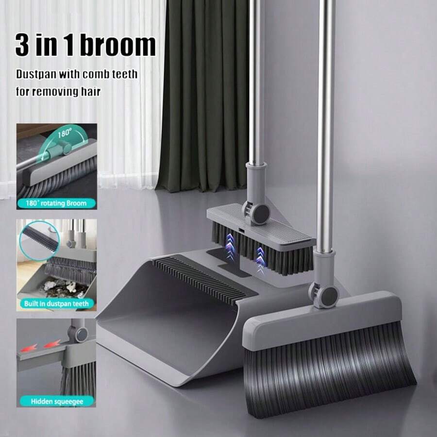 ZBEZBE 3-In-1 Household Cleaning Set, Including A Soft-Bristle Broom, Dustpan, And Brush Set - Anti-Lint Design, Ergonomic Grip, Durable Plastic Handle, Ideal For Homes, Offices, Schools, And Dormitories, Cleaning Supplies | Modern Cleaning Tools | Durable Plastic Handle - 升級三合一[無刮刀款]掃把套裝灰色 - 查看 1