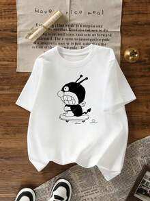 200g 100% Cotton T-Shirt, 2026 Women's Summer Fashion Letter Print Short Sleeve T-Shirt, Couple Style, Underwear/Outerwear, Office Casual Round Neck Short Sleeve Top - trắng - Xem 1